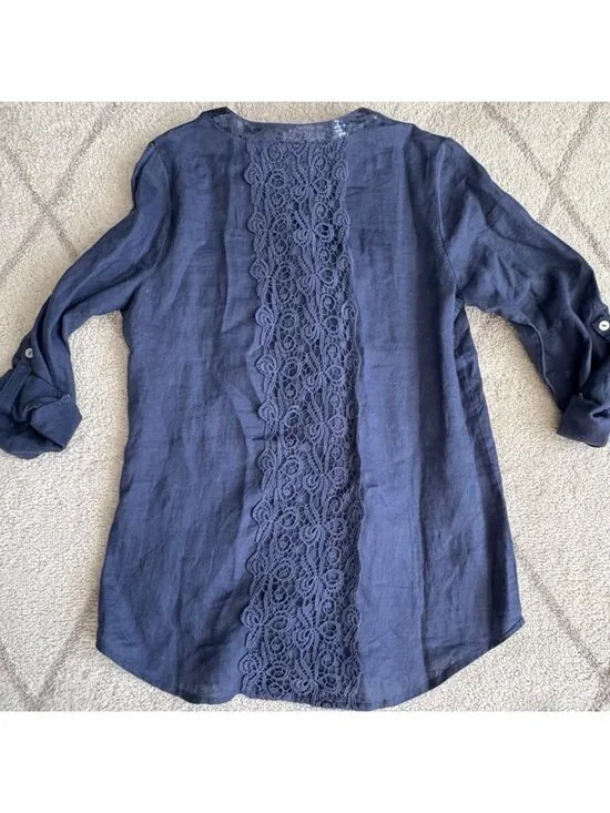 Chico’s NWT Linen Sequin Trim Blouse Blue Button Front Top Lightweight - Picture 7 of 7